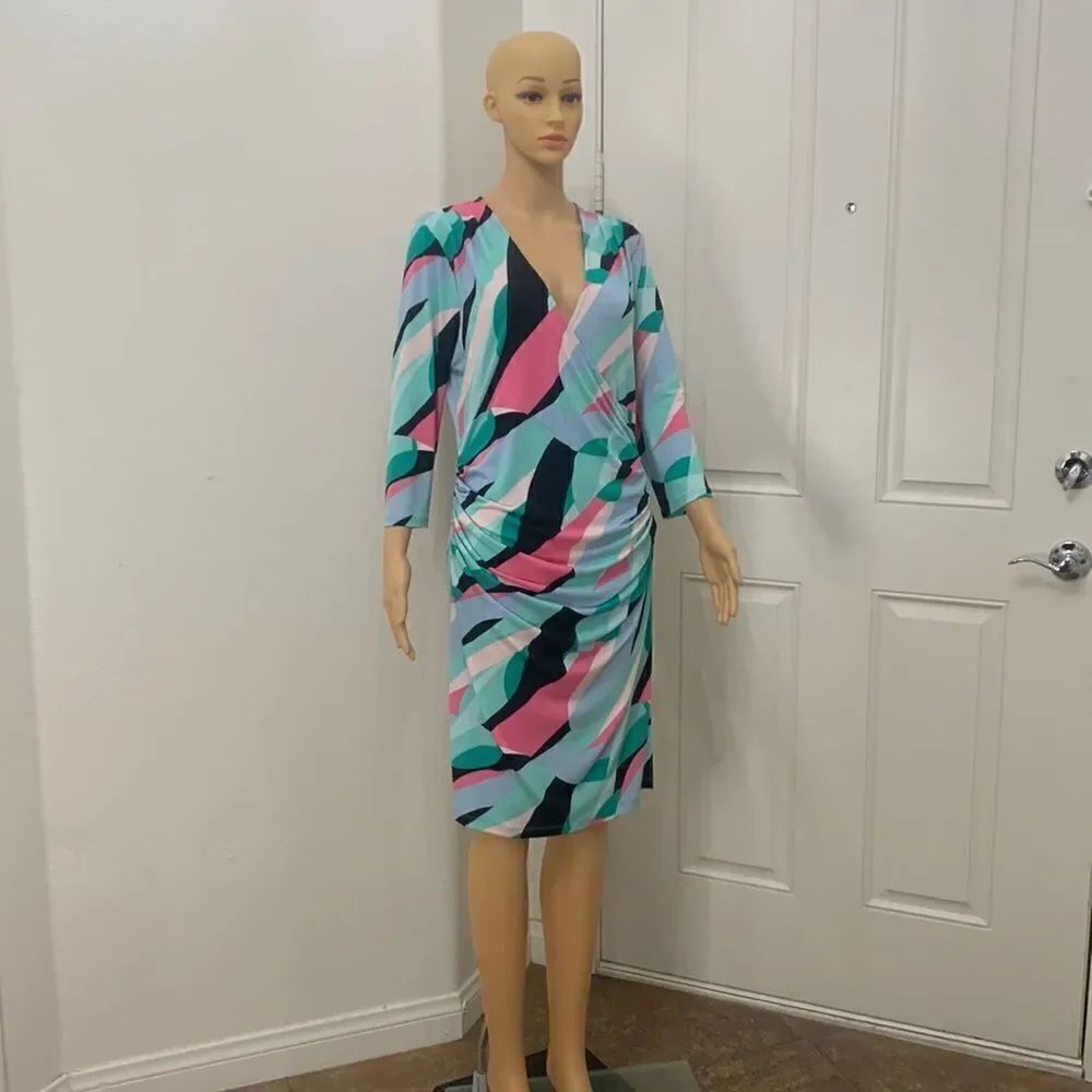 Jennifer Lopez XLย Petite V Neck TurquoiseโPink Green Side Ruching Midi DressโNew